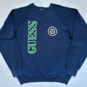 Vintage Guess faded distressed retro stencil stripe logo raglan crewneck sweater